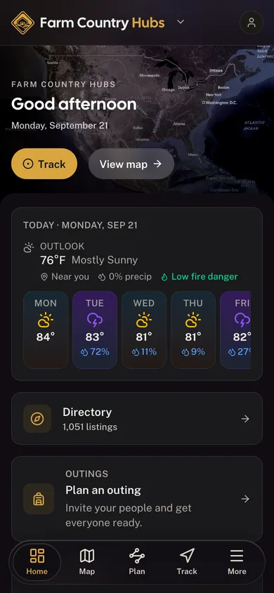 The Farm Country Hubs app dashboard