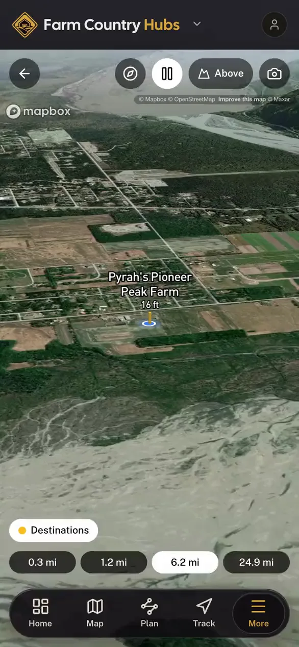 Nearby places standing on the real terrain in 3D in the Farm Country Hubs app