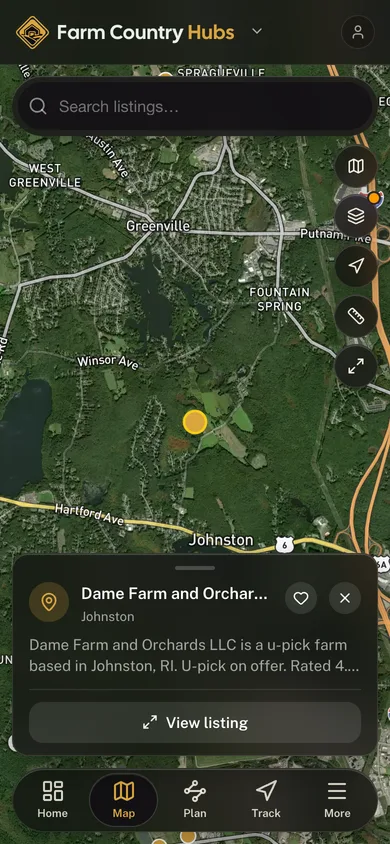 Nearby places mapped in the Farm Country Hubs app