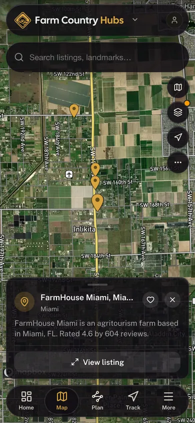 Nearby places mapped in the Farm Country Hubs app