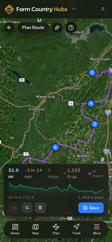 A planned route with its distance, stops and elevation profile in the Farm Country Hubs app