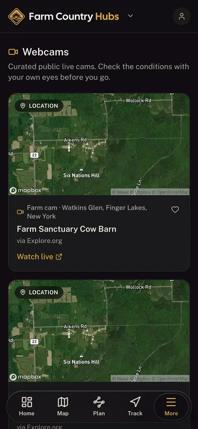 Live public webcams grouped by state in the Farm Country Hubs app