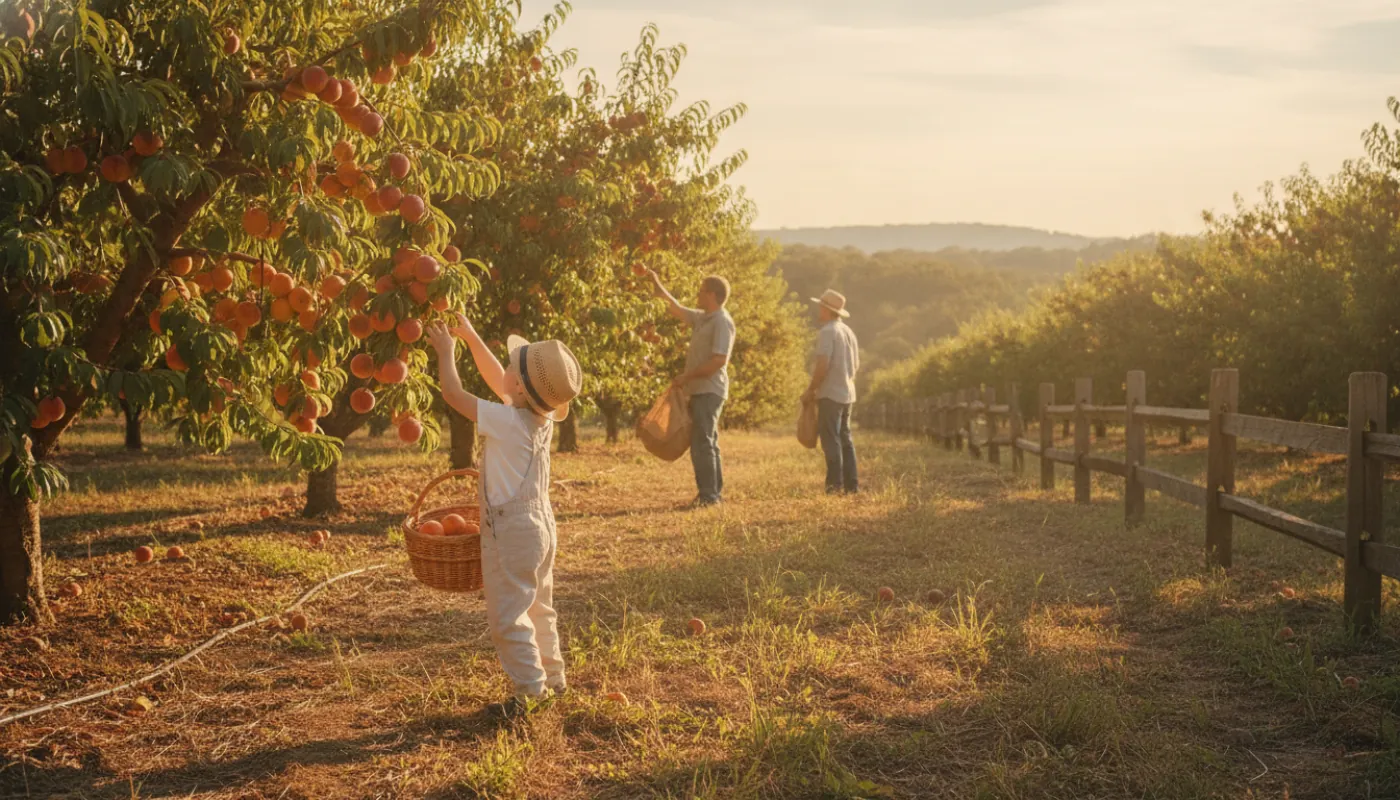A family picking peaches in a sunlit Southern orchard, a child reaching up into a laden tree with a basket, rows of peach trees stretching back under a warm hazy summer sky