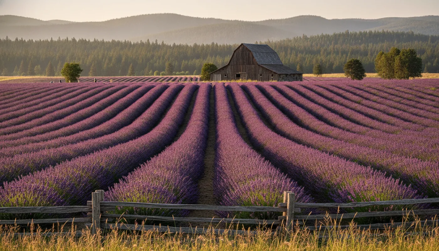 Long rows of purple lavender in full bloom on a Pacific Northwest farm at midsummer, a distillery barn and forested hills behind, bright clear light