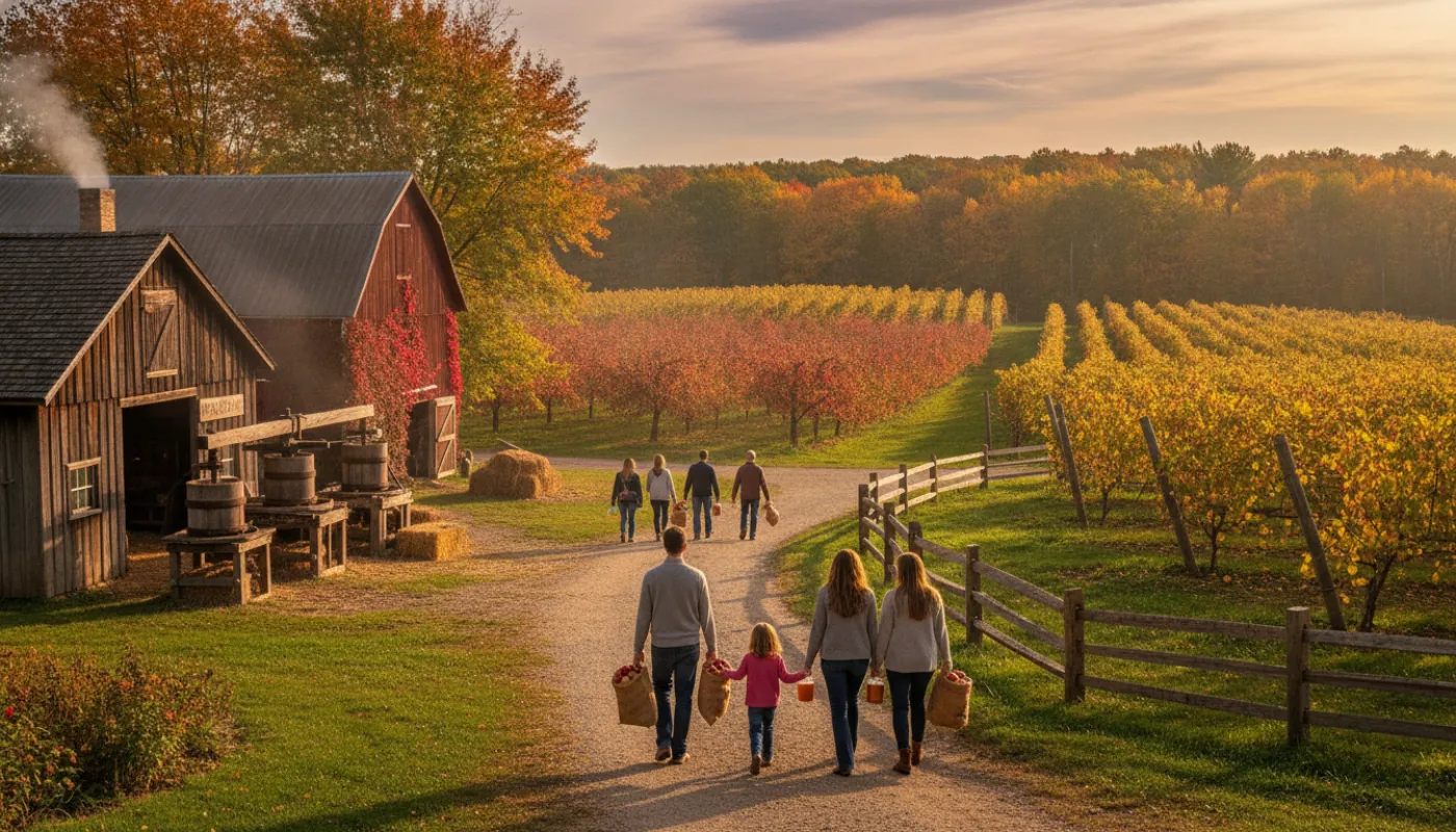 A cider mill beside a Michigan orchard on a crisp fall afternoon, families carrying bags of apples past a weathered press house and red barn under turning maple leaves