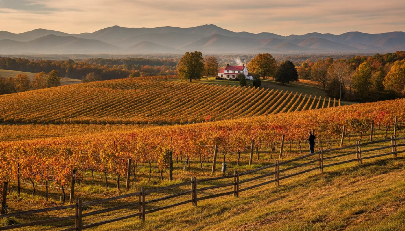Rows of vineyard on a Blue Ridge foothill at golden hour, the mountains layered blue in the distance, a farmhouse and split-rail fence in the foreground under warm autumn light