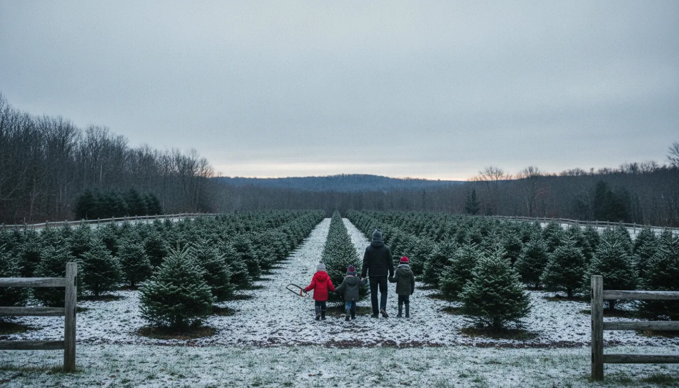 A family walking rows of neatly planted fir trees at a choose-and-cut Christmas tree farm on a crisp overcast December day, a child carrying a bow saw, a light dusting of snow on the ground