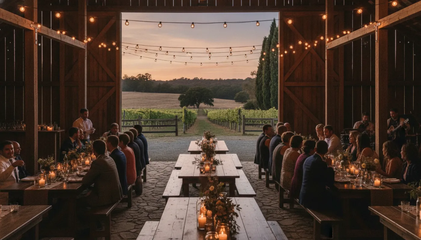 A rustic barn wedding reception at dusk, string lights glowing across weathered beams, long farm tables set among open barn doors that frame a pasture beyond, warm candlelit atmosphere