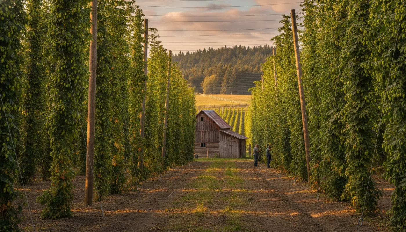 Tall hop bines climbing trellis wires on a farm in late summer, green cones ready for harvest, a barn and brewing shed in the background under warm afternoon light