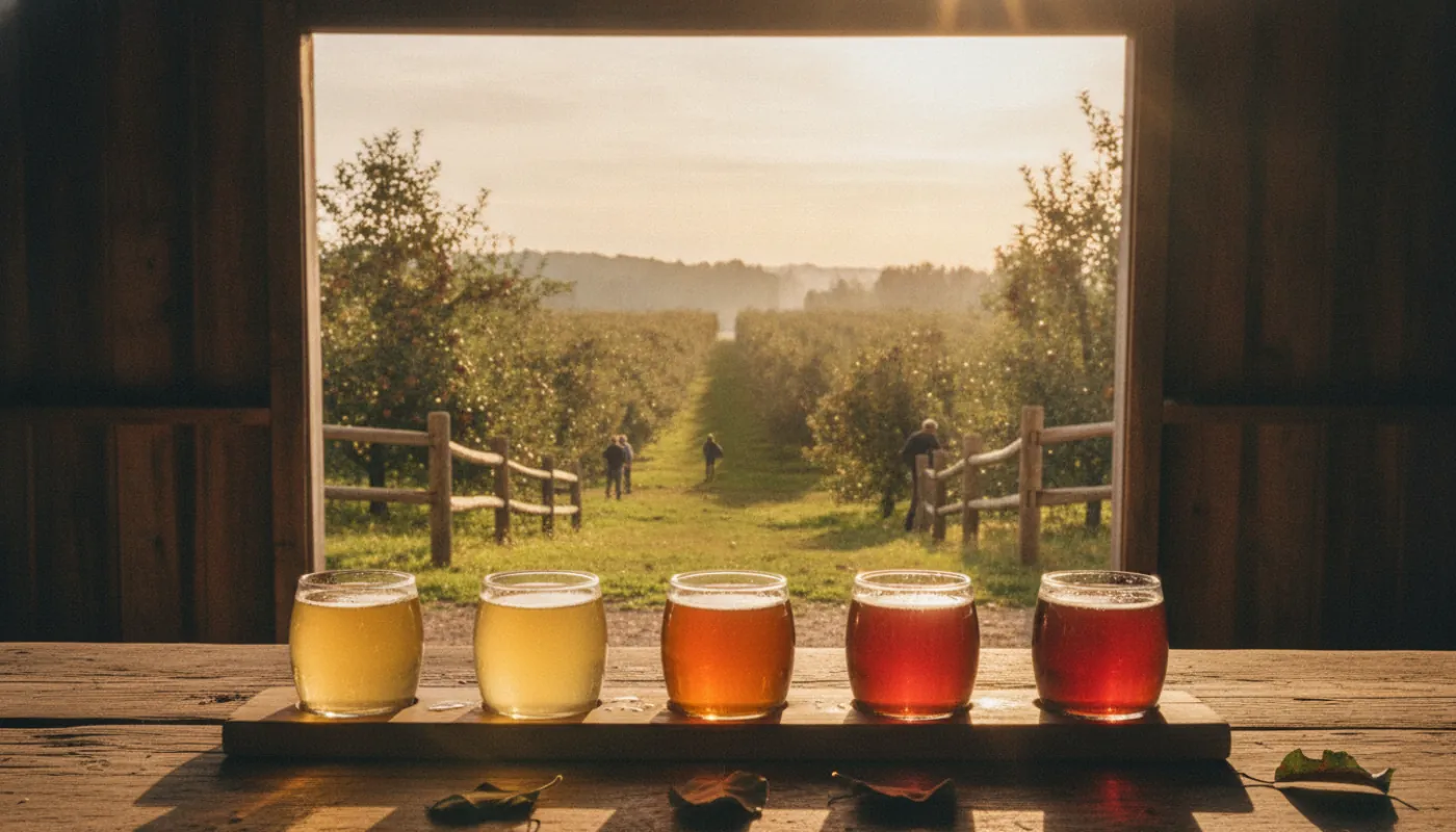 A cidery tasting flight of five small glasses ranging from pale gold to deep amber on a rustic wooden bar, an apple orchard visible through a barn doorway behind, warm afternoon light