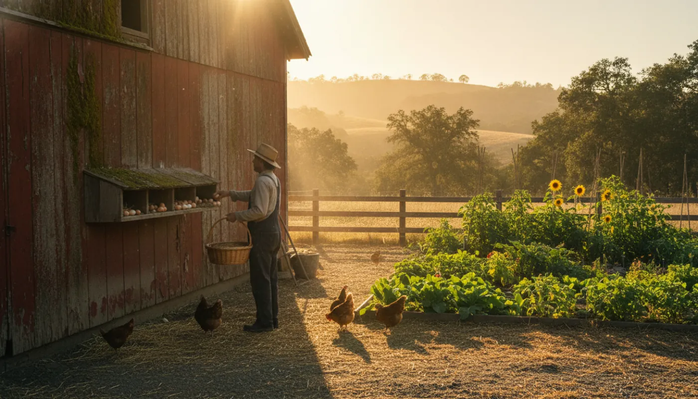 A guest and a farmer collecting eggs in a sunlit farmyard on a working farm, a weathered barn and vegetable garden behind, warm morning light