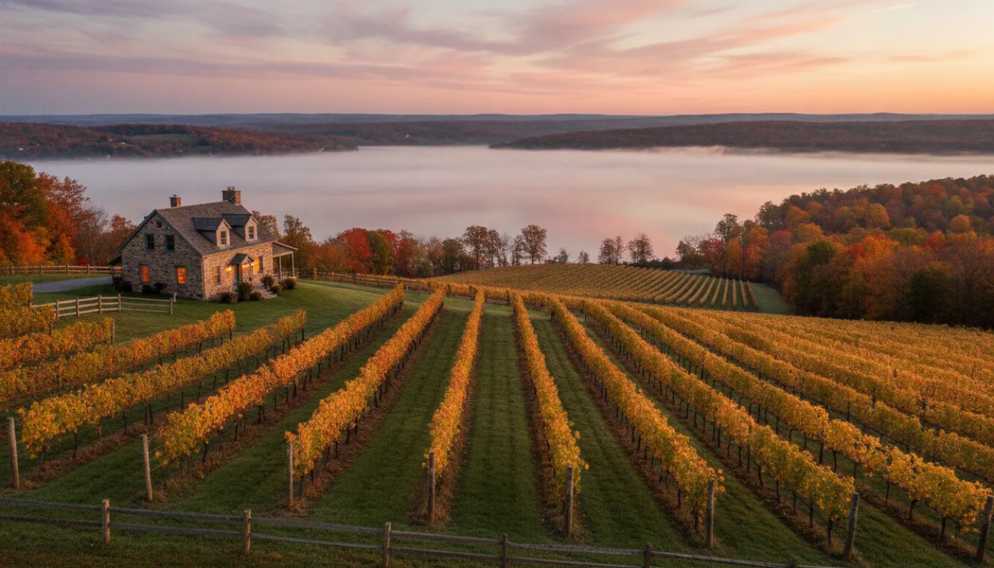 A farmhouse guest cottage overlooking vineyard rows that slope toward a Finger Lake at sunrise, mist on the water, autumn color on the far shore, warm early light