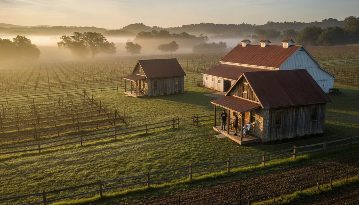 A cluster of guest cottages and a restored barn on a farm at dawn, morning mist over the fields, a few guests with coffee on a porch, soft golden early light