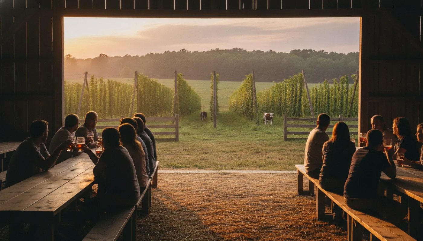An open-sided barn taproom on a working farm at golden hour, patrons at long wooden tables with pints, hop fields and pasture beyond, warm low light
