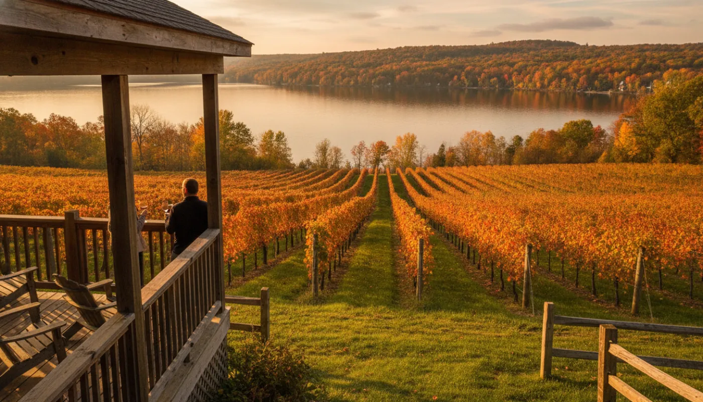 Rows of vineyard descending toward a long deep Finger Lake at golden hour, a tasting-room porch in the foreground, autumn color on the far hillside under warm low light