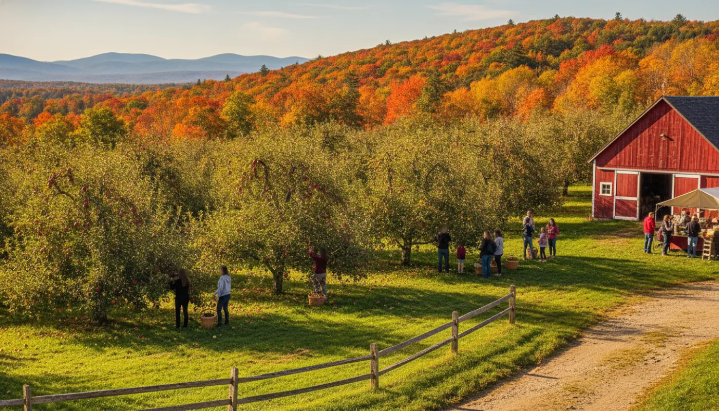 A New England apple orchard against a hillside of peak red-and-orange fall foliage, families picking among laden trees, a red barn and cider stand under crisp blue sky