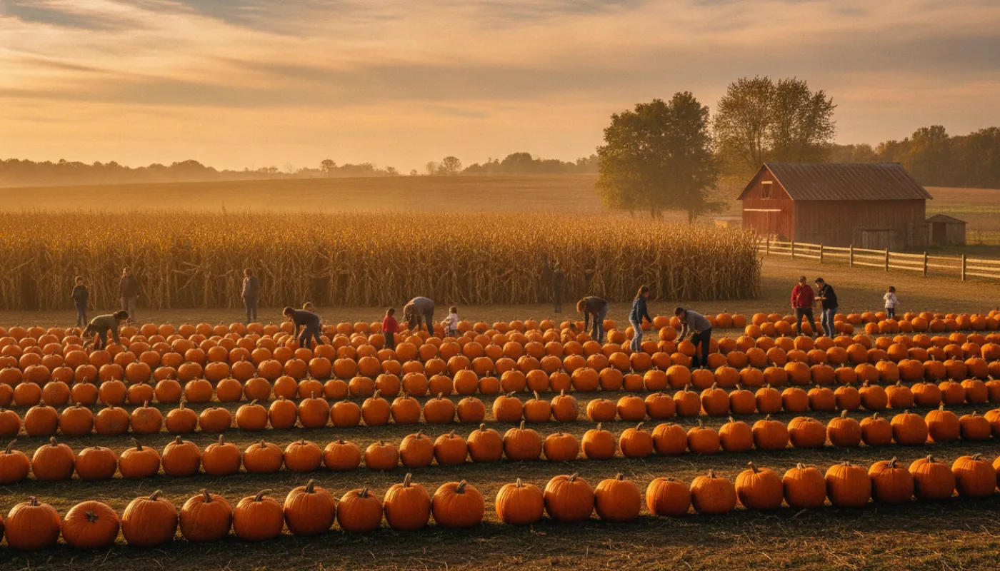A field of orange pumpkins on a crisp fall afternoon, families choosing among the rows, a corn maze and red barn in the background under a bright sky