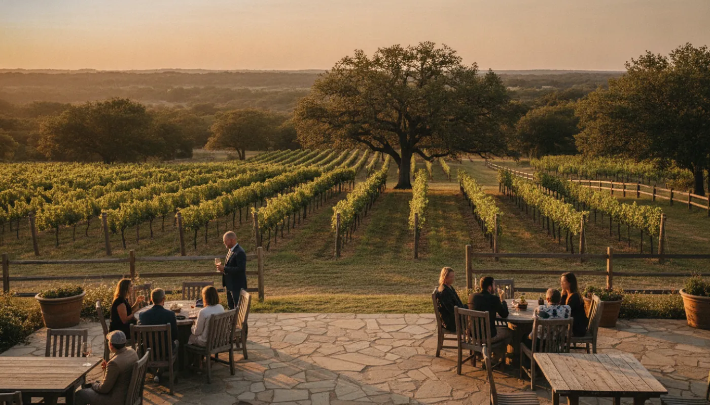 A Texas Hill Country vineyard tasting patio at golden hour, rolling oak-dotted hills and a live oak beyond the vine rows, warm evening light and long shadows