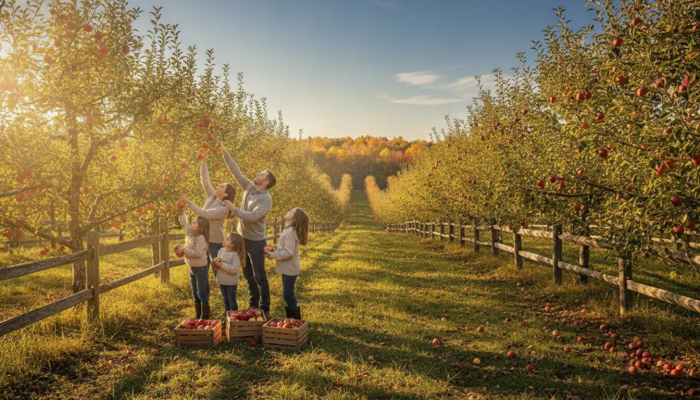 A family reaching up to pick red apples in a sunlit orchard on a crisp fall day, half-full wooden crates of fruit at their feet, rows of laden trees receding under a clear blue sky