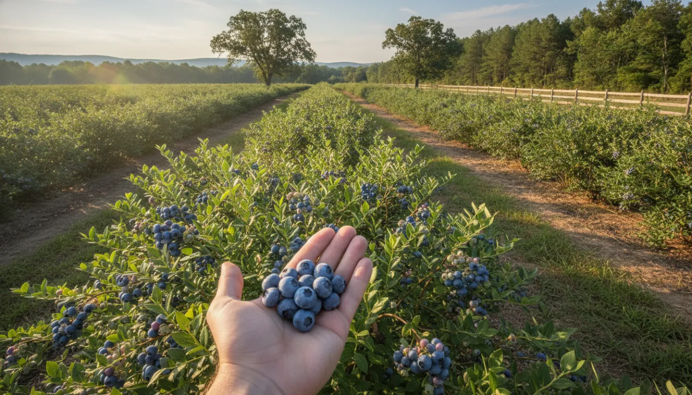 A hand cupping a cluster of ripe blueberries on a laden bush in the morning, rows of blueberry bushes heavy with fruit stretching back under soft summer light