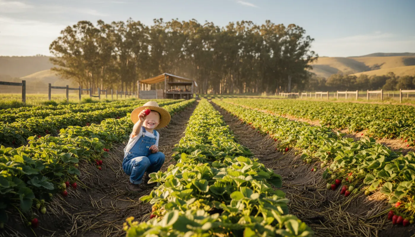 A child crouched in a strawberry field on a bright spring morning holding up a ripe red berry, green rows of low strawberry plants stretching toward a farm stand in the distance under soft sun