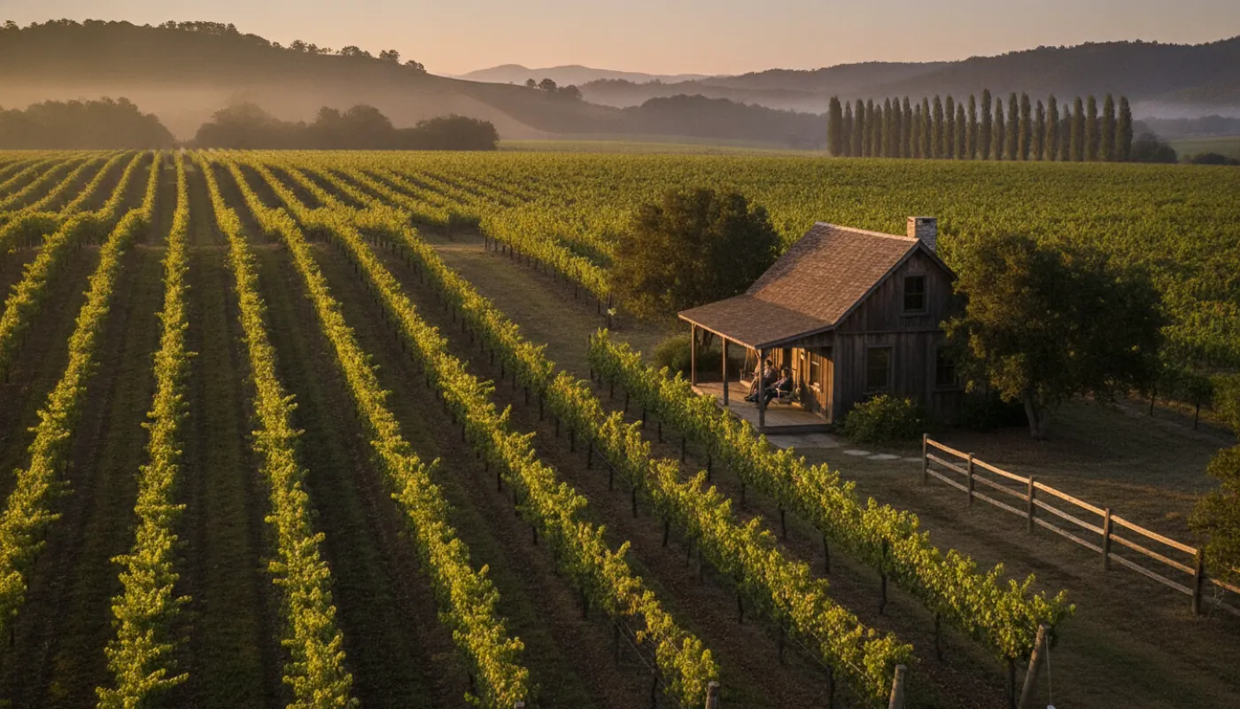 A guest cottage beside rows of mature vines on a Napa Valley estate at sunrise, oak-studded hills behind, a couple with coffee on the porch, warm early light over the vineyard
