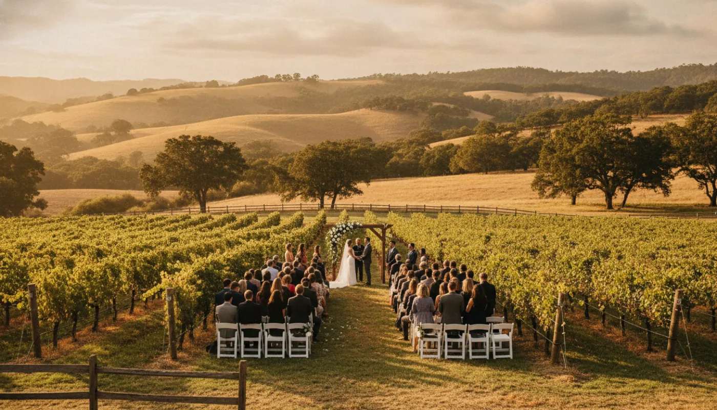 An outdoor vineyard wedding ceremony at golden hour, rows of vines framing the aisle, guests seated among the trellises, warm low sun over rolling hills