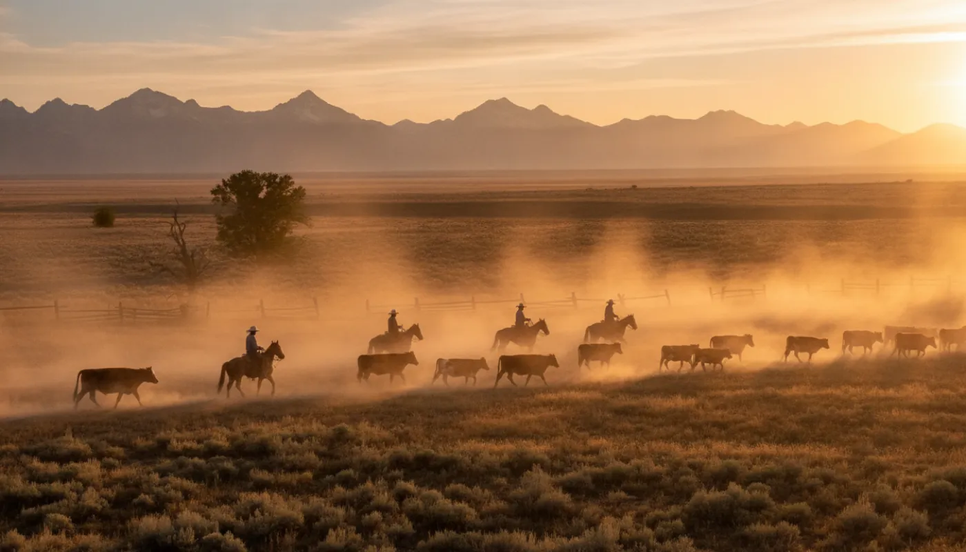 Ranch hands on horseback moving a small herd of cattle across open rangeland at dawn, dust rising behind them, distant mountains on the horizon in long golden morning light