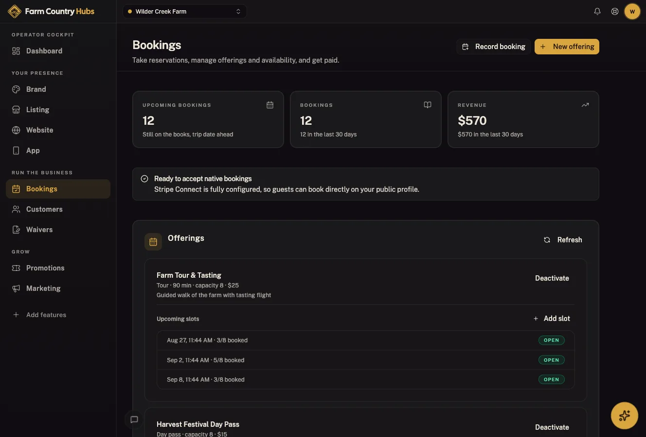 Farm Country Hubs cockpit: Bookings & payments