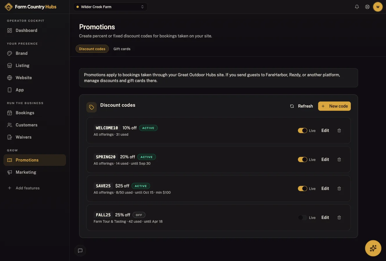 Farm Country Hubs cockpit: Promotions