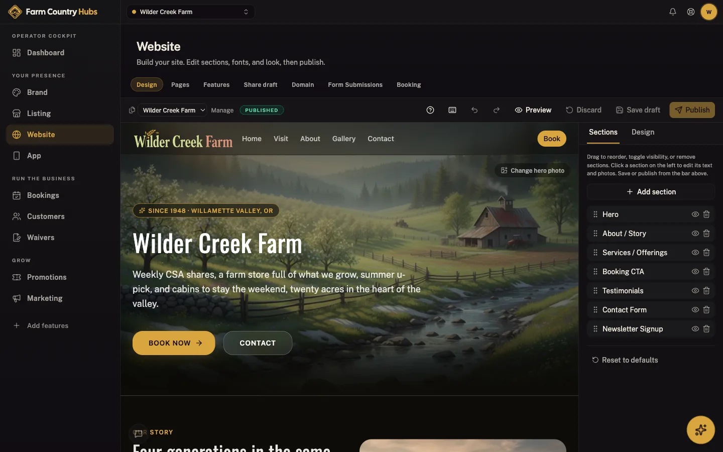 Farm Country Hubs cockpit: Website builder